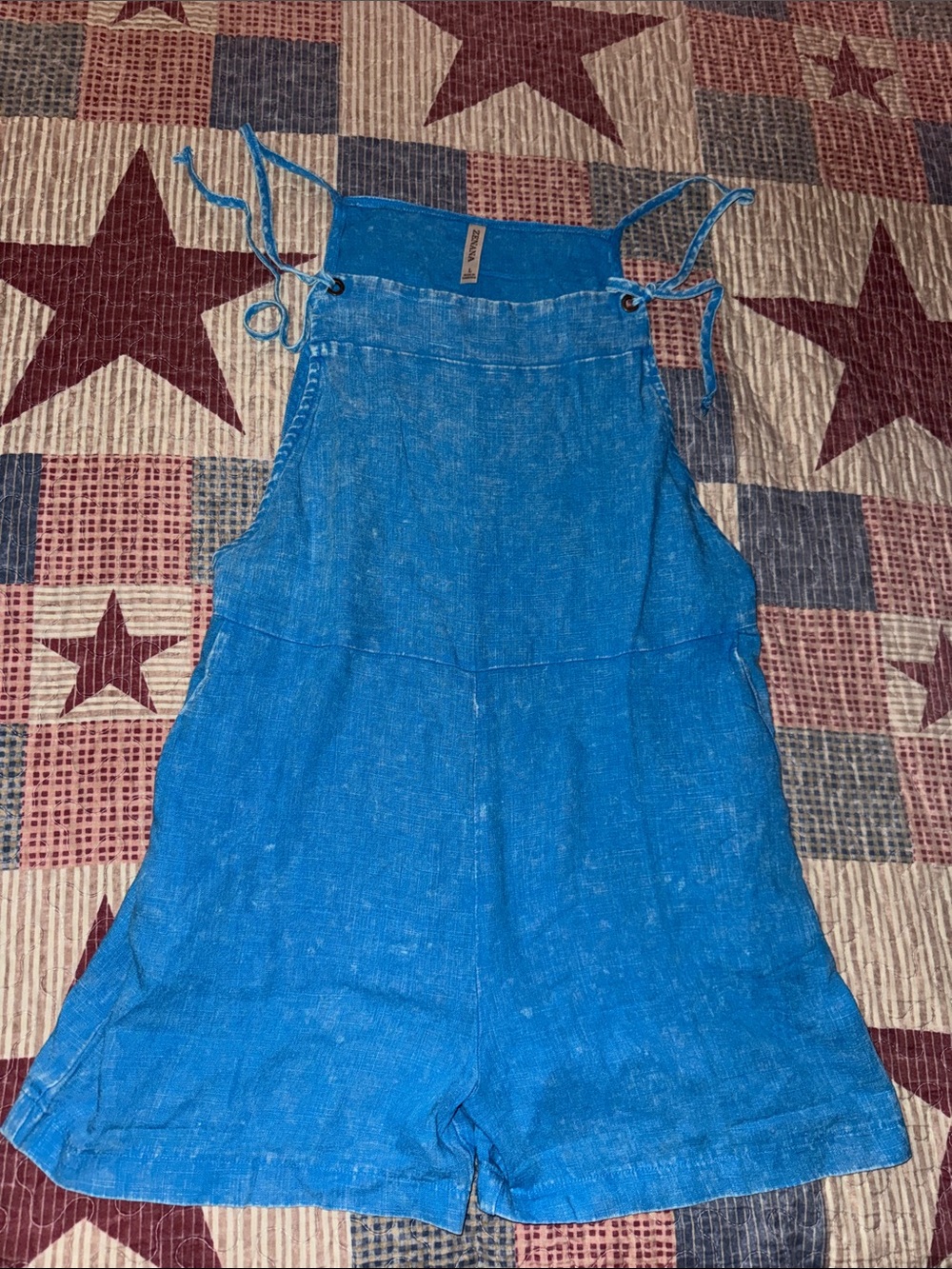 Zenana Outfitters Bright Blue Linen-Blend Tie-Strap Shorts Romper